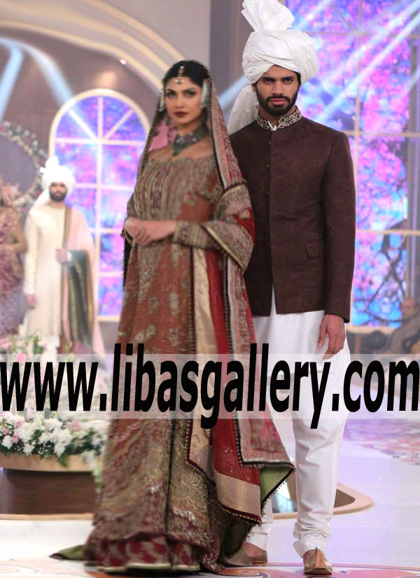 Jamawar burgundy mens Prince suit with embellished collar