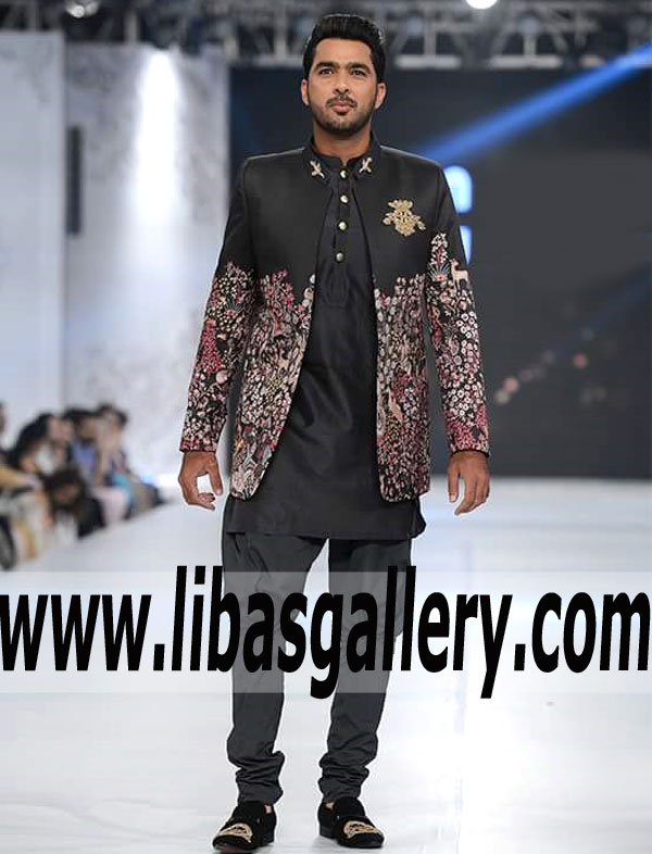 Embellished black prince coat sherwani in suiting fabric classic thread kora work best for barat nikah Edinburgh Glasgow UK