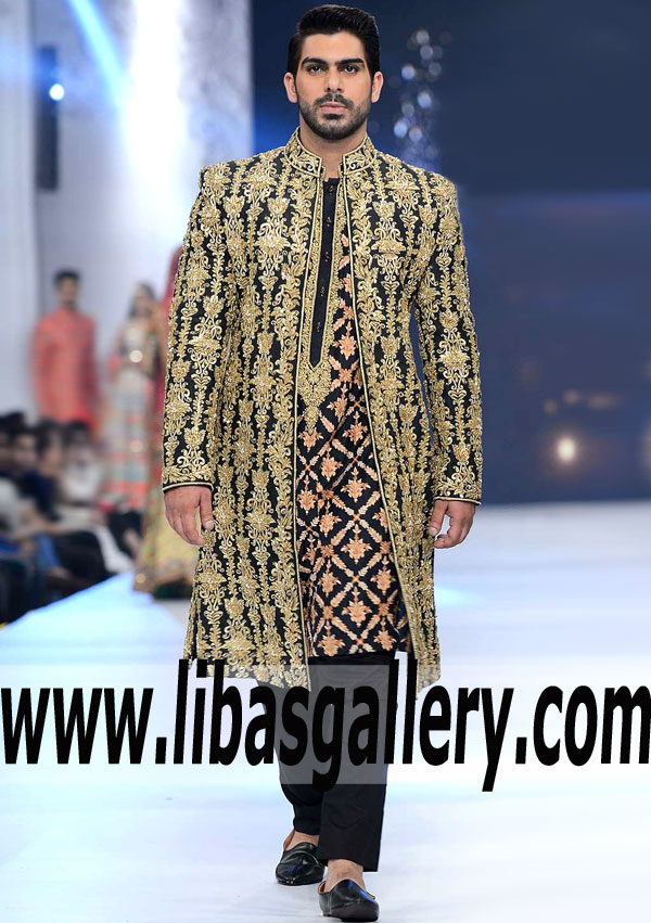 black heavy gold embroidered groom nikah barat button less sherwani with inner embroidered kurta Arlington Texas USA black heavy gold embroidered groom nikah barat button less sherwani with inner embroidered kurta Arlington Texas USA