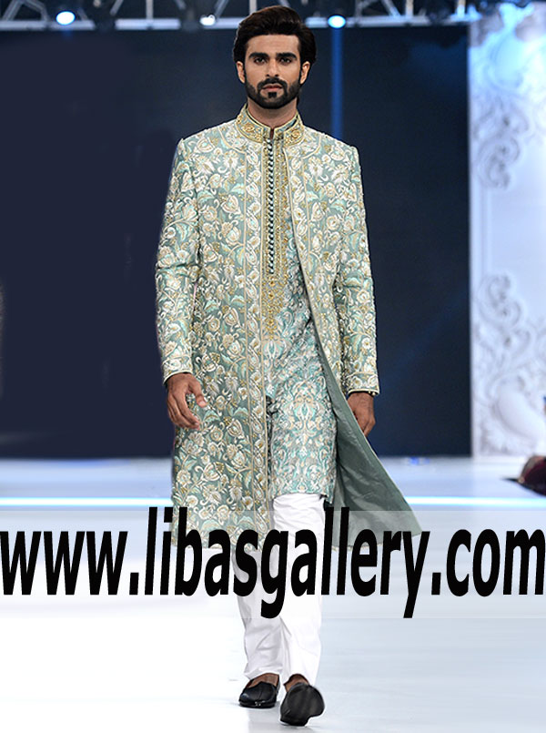 Cadet Blue embroidered mens sherwani suit for groom nikah
