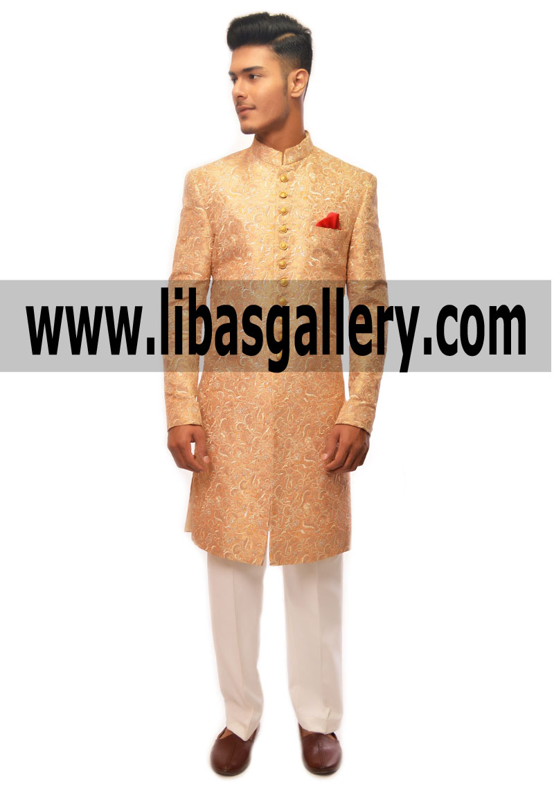 Golden Jamawar Sherwani by Designer Pakistan for Groom to share Wedding Story Feeling Comfortable in sherwani suit Saudi Arabia Dubai UAE Abu Dhabi 2017 Golden Jamawar Sherwani by Designer Pakistan for Groom to share Wedding Story Feeling Comfortable in sherwani suit Saudi Arabia Dubai UAE Abu Dhabi 2017