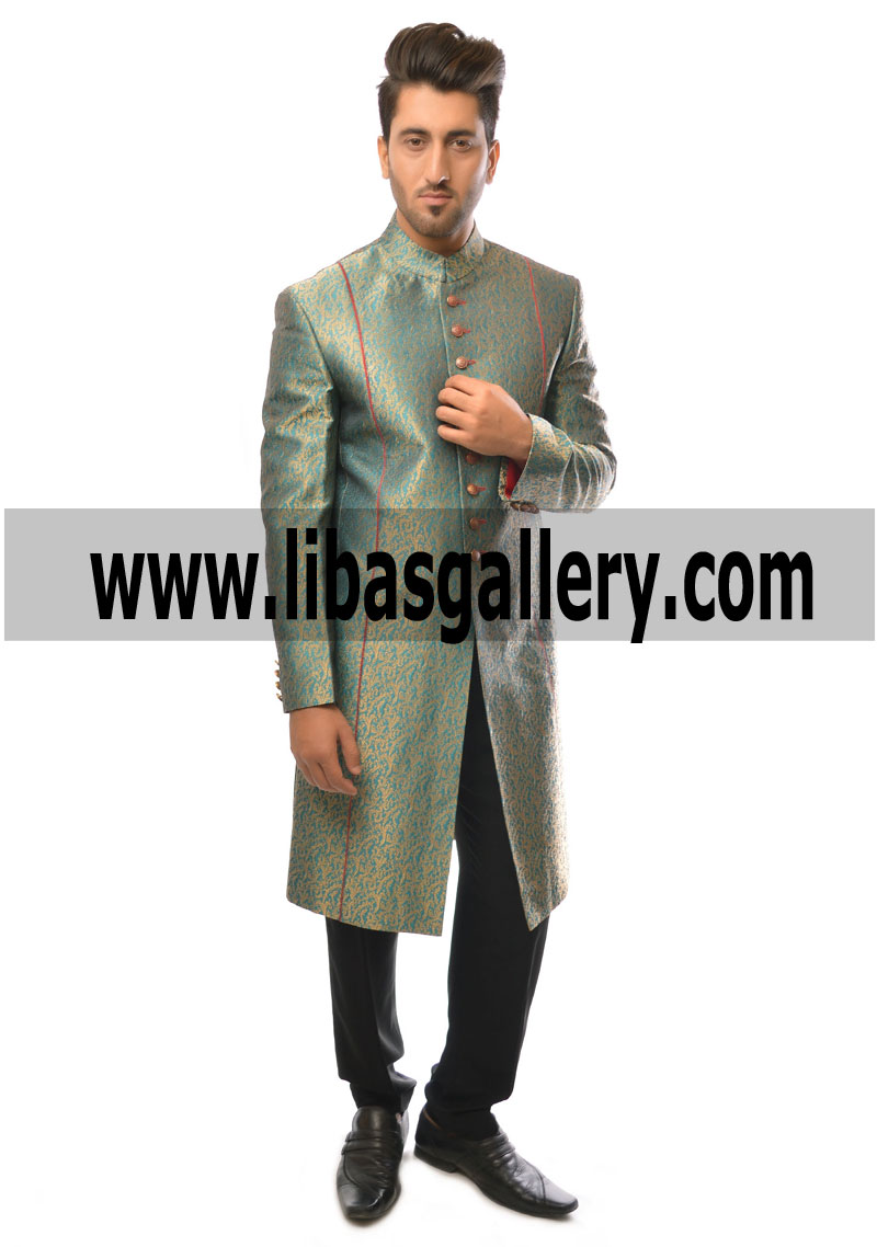 Celebration of love and friendship after Wedding Nikah Shadi between Groom and Bride Sherwani outfit in Jamawar Banarsi Fabric 2017 Perth Australia Sydney