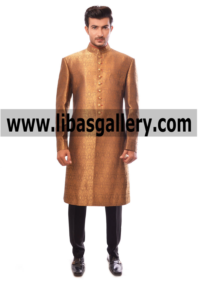 Dream Come True of Dulha Groom Nosha Wearing Designer Complete Set Sherwani Suit 2017 Fancy Buttons Hand Embellishment Riyadh Jeddah Makkah Madina Saudi Arabia