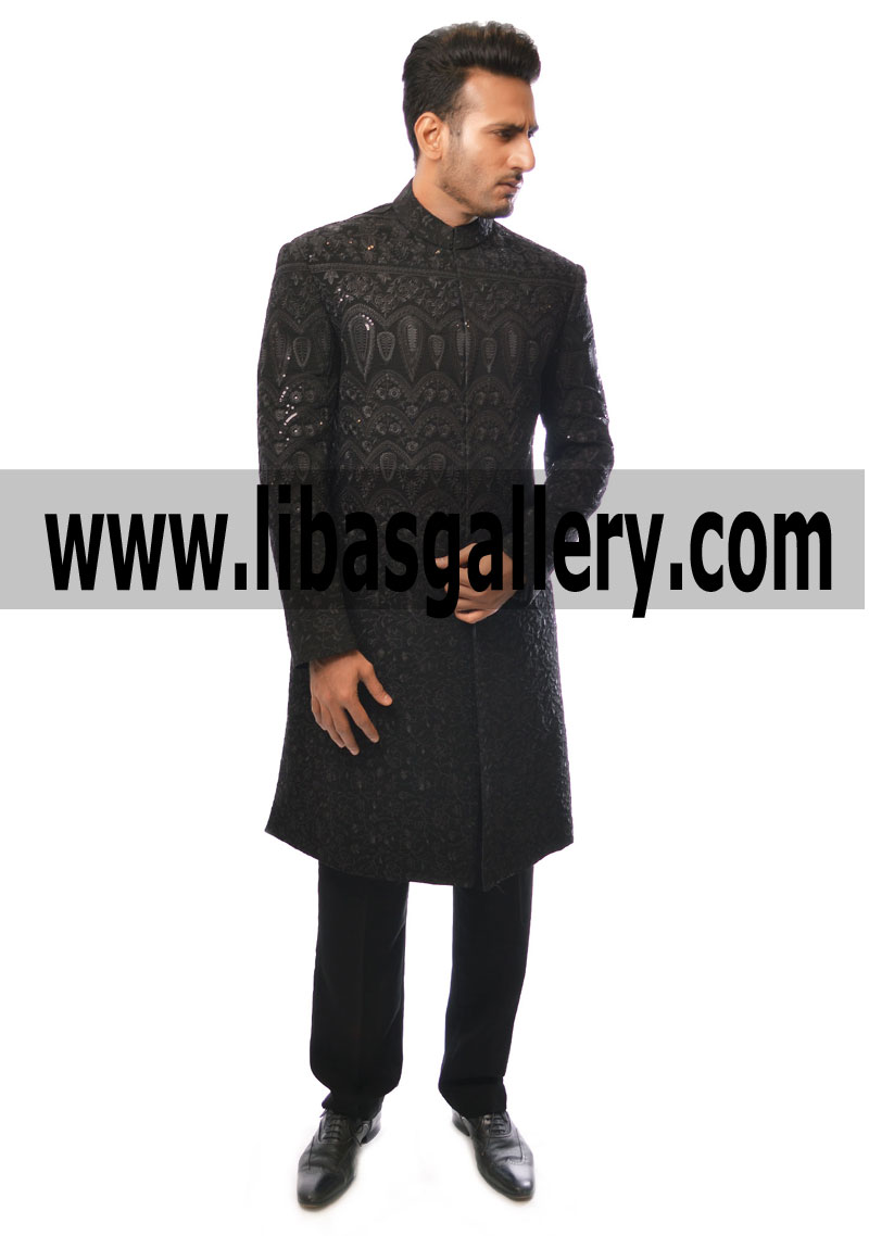 Amir Adnan Black latest wedding sherwani full Embroidery on fabric bespoke men’s wear Sydney perth Australia 