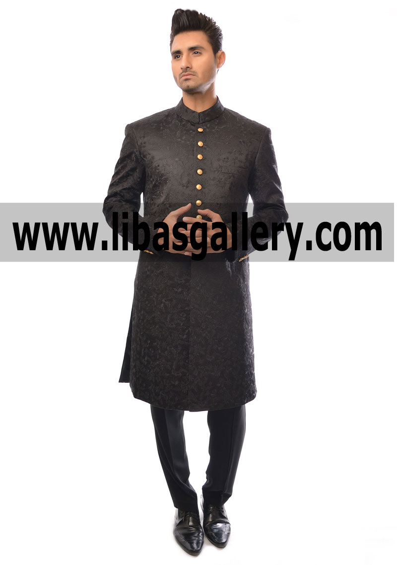 Amir Adnan Embroidered Fabric Fancy Wedding Sherwani Black for Smart Dulha Groom Men’s wear Southhall London UK