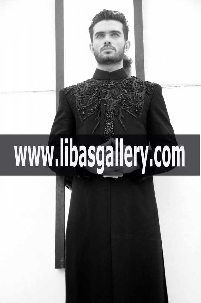 Nauman Arfeen Superb Embroidered black sherwani for wedding birmingham UK