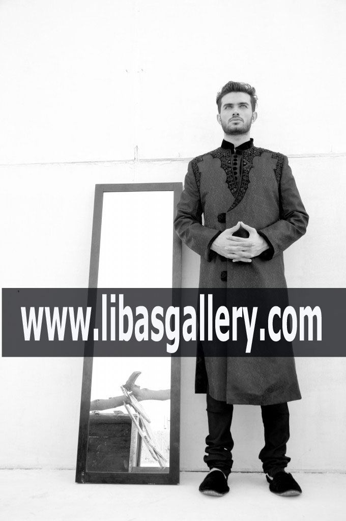 Black Sherwani Suit in Angrakha Style with Inner Suit for Mehndi and Home Functions 2018 London UK