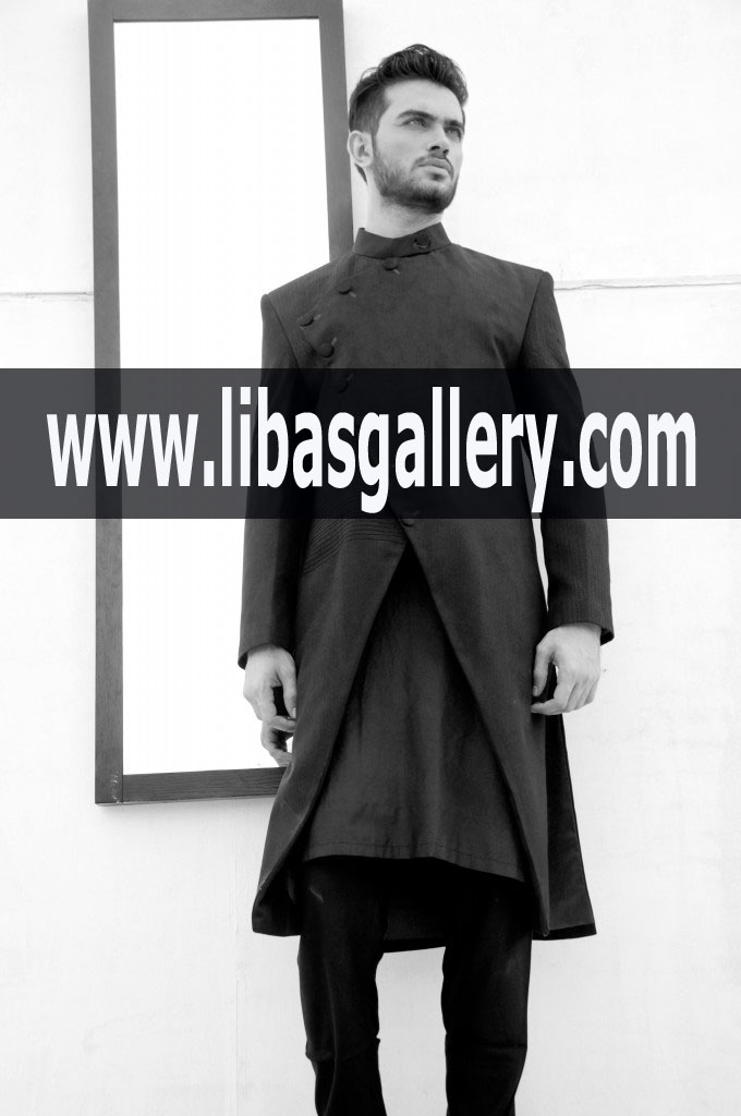 Nauman Arfeen Classic black sherwani Collection groom embroidered Chicago USA