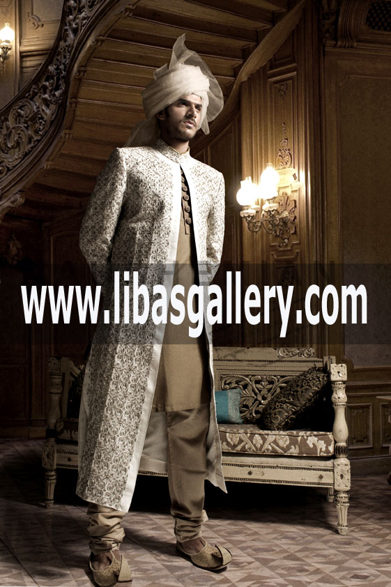 Groom Sherwani Mughal Style for Shadi Wedding Nikah with Turban France Paris Leon 2018