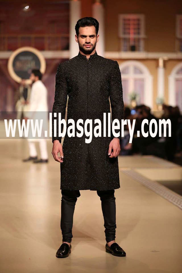 Black Groom Sherwani Embroidered for Wedding Reception