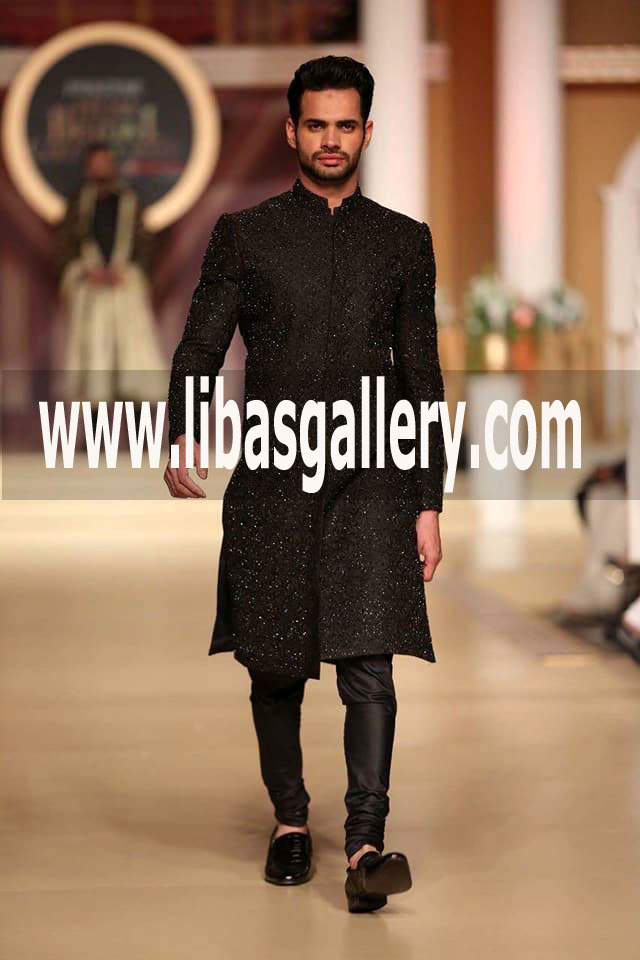 Black Groom Sherwani Embroidered for Wedding Reception