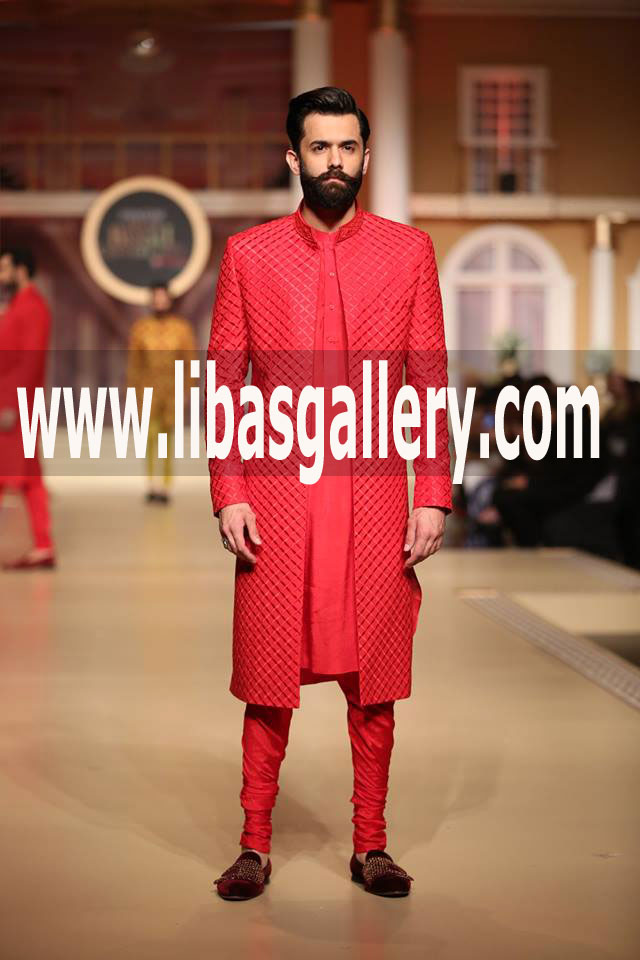 Full matching color Embroidery on Red Mens wedding Sherwani Suit for nikah barat Southhall london glasgow uk