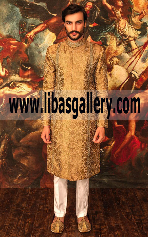 Golden Jamawar Embroidered Groom Dulha Wedding Sherwani Suit 2018