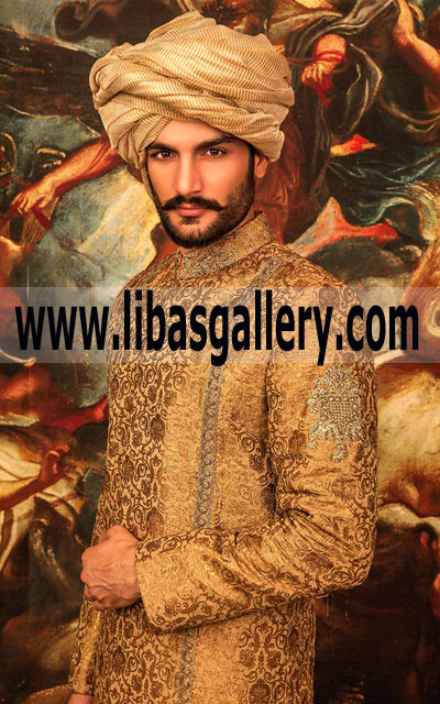 Golden Jamawar Embroidered Groom Dulha Wedding Sherwani Suit 2018