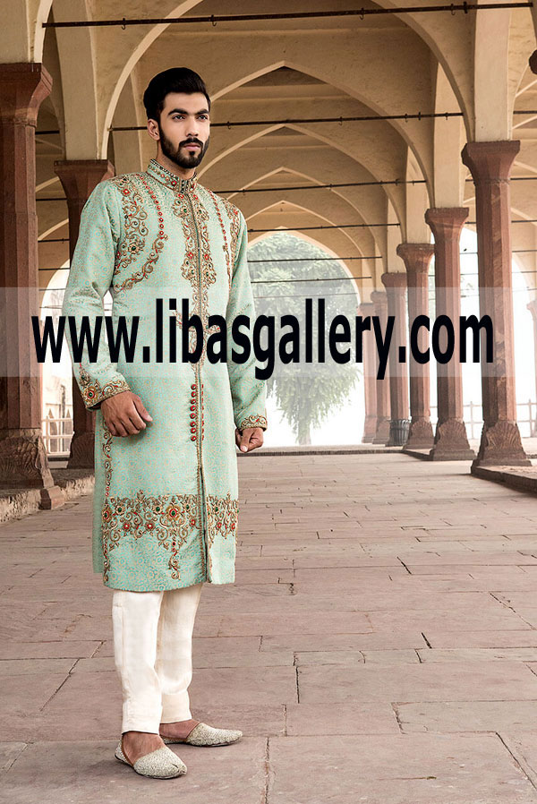 Light Green Color Embellished Wedding Sherwani Suit for Groom 2018