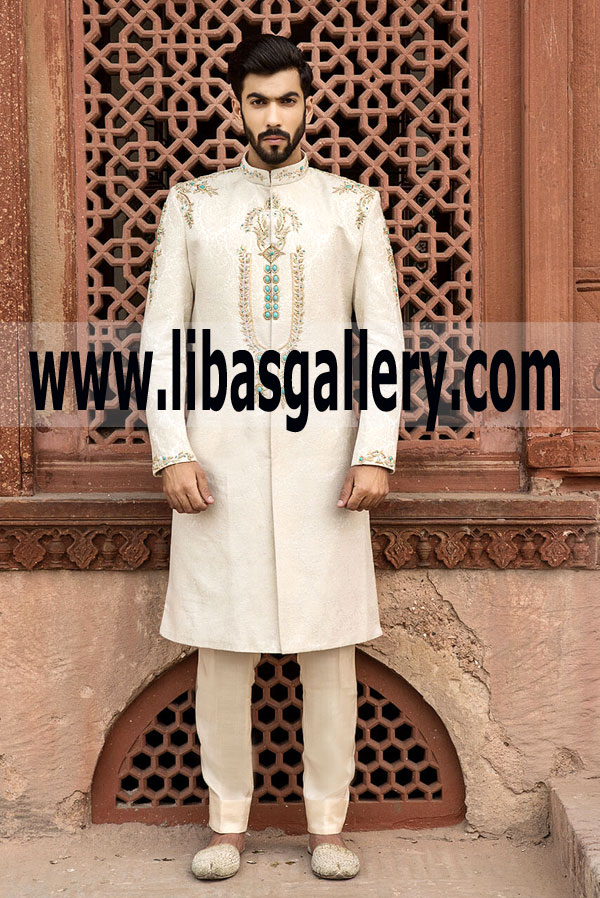 off white groom dulha wedding shadi sherwani suit 2018 with sleeves collar front embellishment Australia New Zealand Slovenia