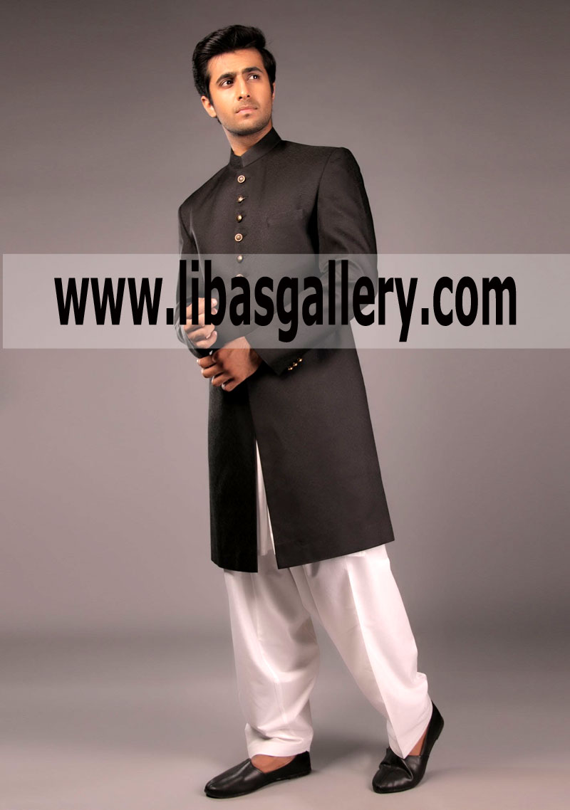 Classic Jamawar Black Sherwani for Groom 2018