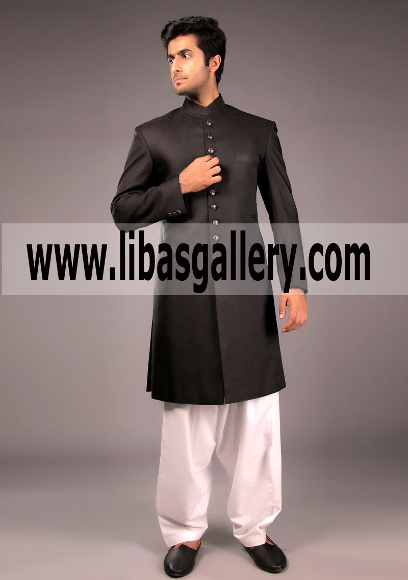 Classic Jamawar Black Sherwani for Groom 2018