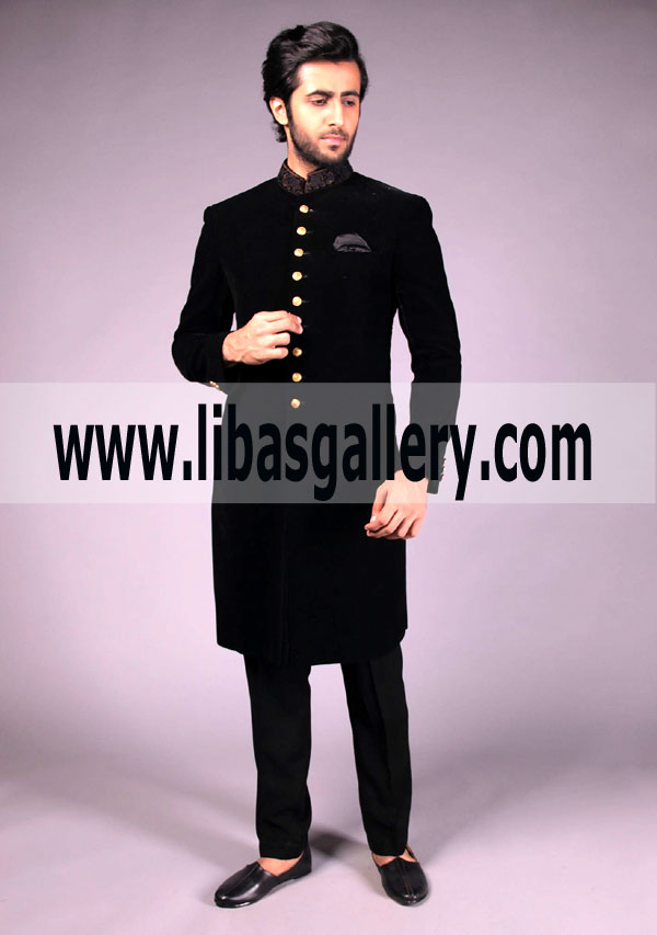 Velvet Sherwani for Groom in Black Color 2018