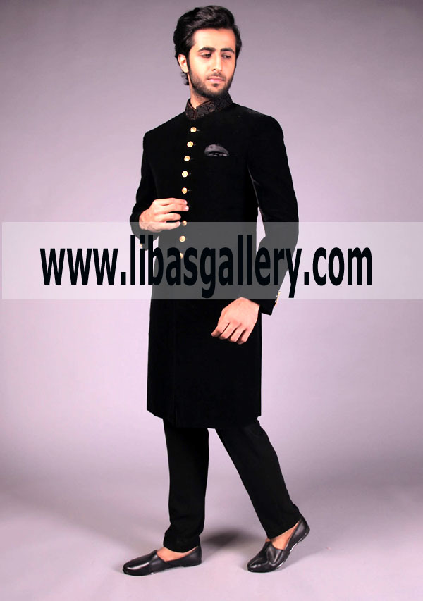 Velvet Sherwani for Groom in Black Color 2018