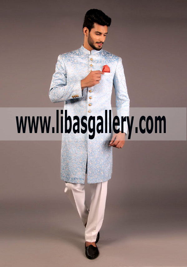 Most Wanted Ice Blue Color Satin Sherwani 2018 for Groom Dulha