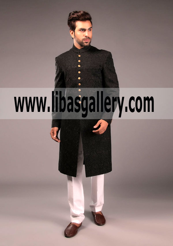 Charpai Embroidered Sherwani Black Color for Groom 2018