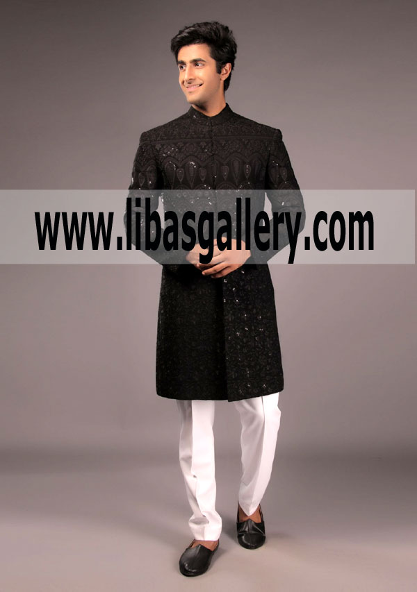 Signature all over Embroidered Black Sherwani 2018