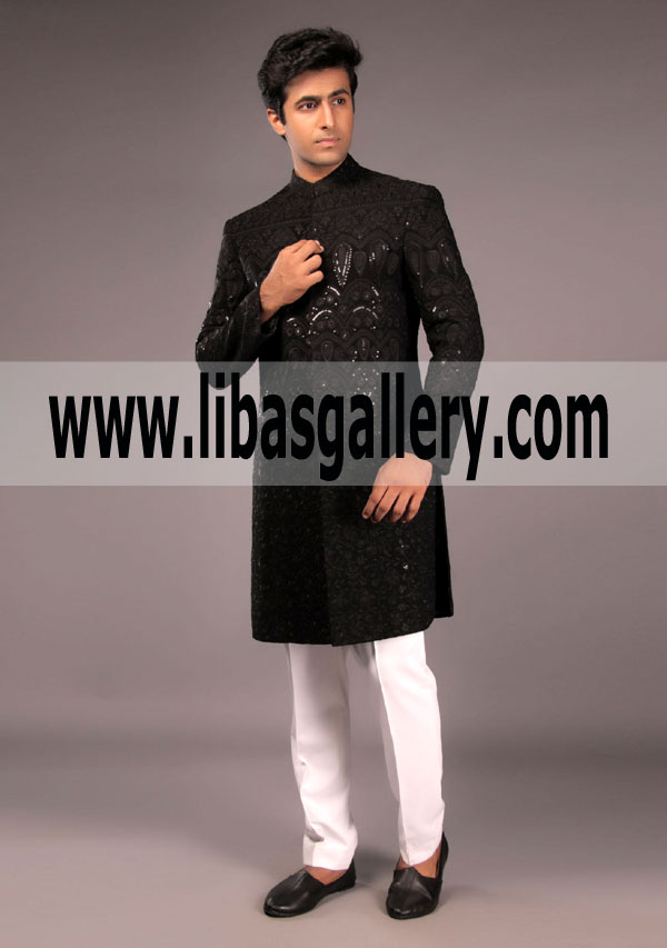 Signature all over Embroidered Black Sherwani 2018