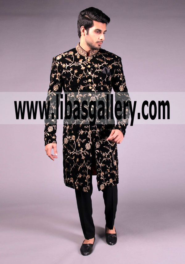 Straight Cut Embroidered Velvet Groom Sherwani 2018
