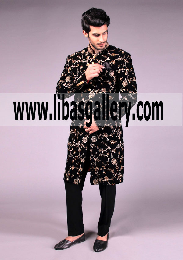 Straight Cut Embroidered Velvet Groom Sherwani 2018