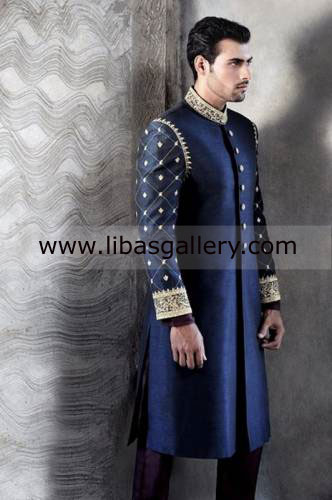 Royal Blue Wedding Sherwani with Gold Hand Work 