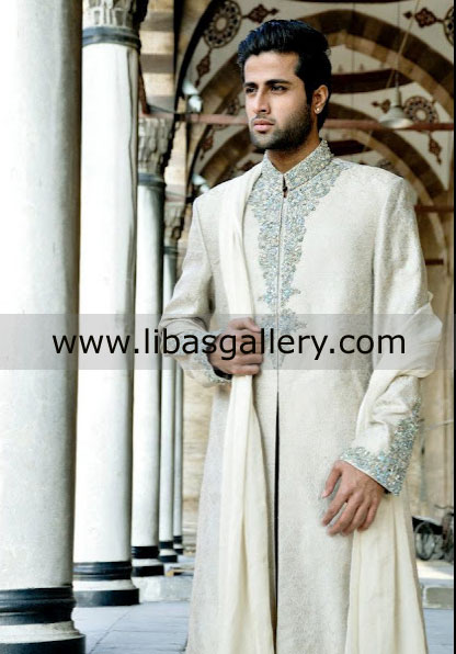 Off White Jamawar Sherwani