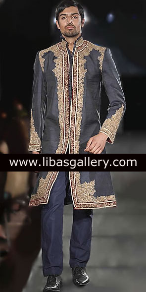 Raw silk embellished wedding sherwani for groom nikah