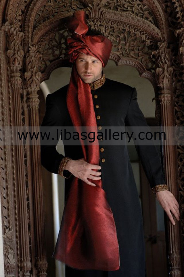 Black Embroidered Wedding Sherwani for Calm Groom