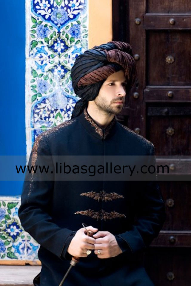 Dark Shade Embroidered Wedding Sherwani for Comedian Groom