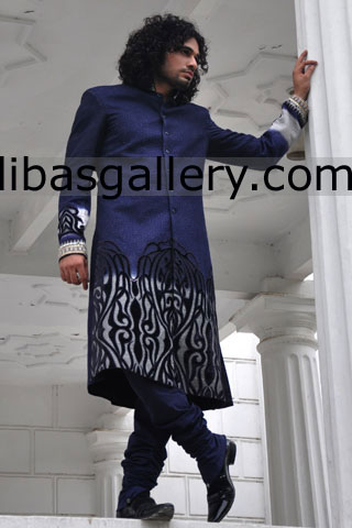 Blue Embroidered Wedding Sherwani Aconitum 