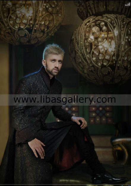 Black Wedding Sherwani coat Big Collar