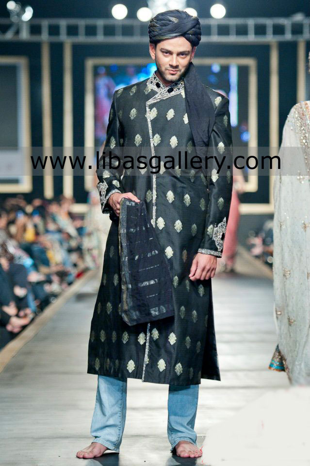 Dark Gray Angrakha Style Groom Sherwani set