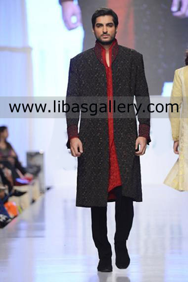 Black Embroidered Groom Wedding Sherwani with red Inner kurta