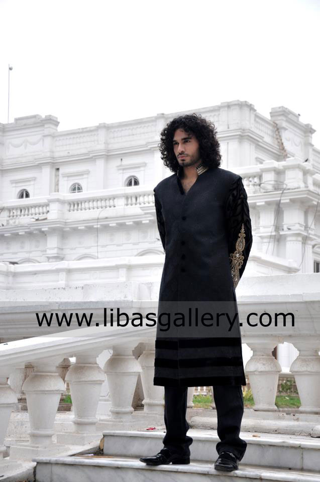 Curly Big hair Smart Groom Wearing Wedding Sherwani Black