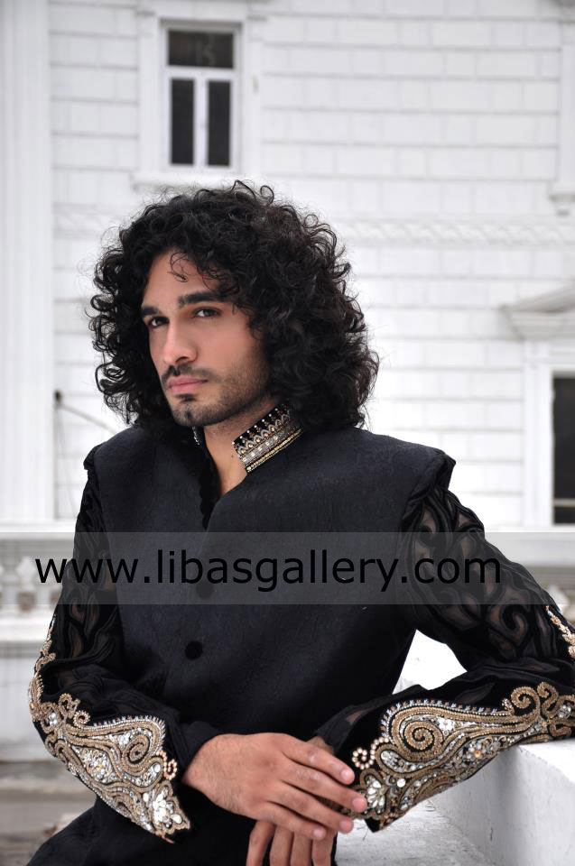 Curly Big hair Smart Groom Wearing Wedding Sherwani Black