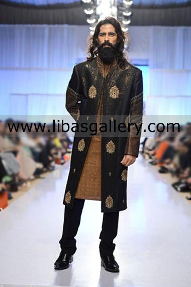 Black jamawar wedding sherwani for groom hand work high neck collar UK KSA Canada USA UAE Black jamawar wedding sherwani for groom hand work high neck collar UK KSA Canada USA UAE