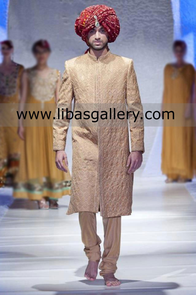 Golden Rod Embroidered Sherwani for Groom