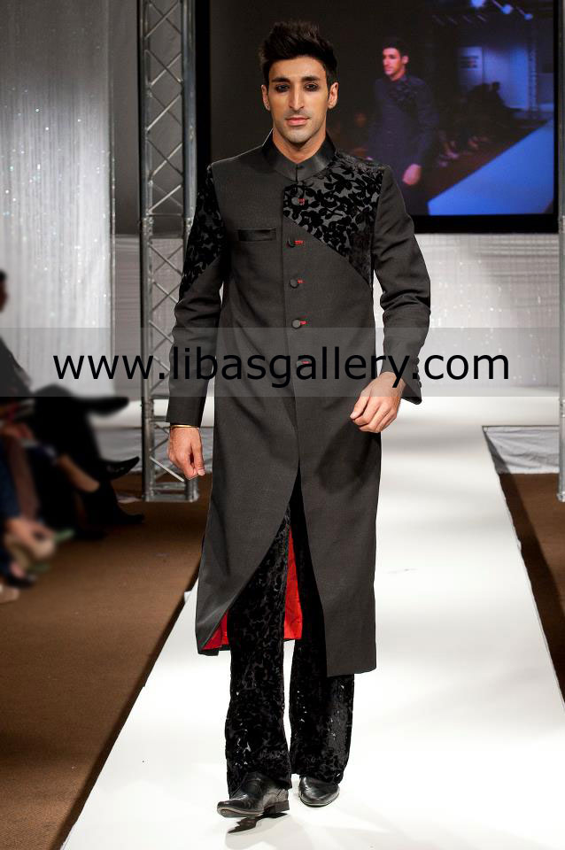Black Wedding Sherwani Embroidery on front and sleeves