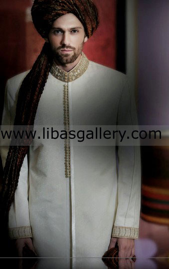 off white embellished nikah sherwani for fair complexion groom