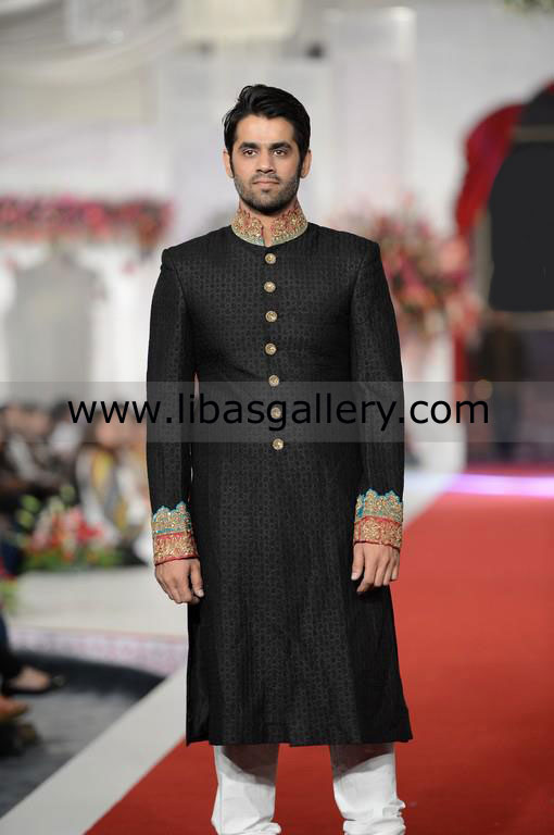 Black designer wedding sherwani collar cuff gold work