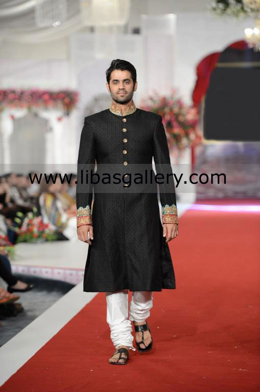 Black designer wedding sherwani collar cuff gold work