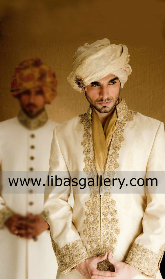 Noble Family Embellished light shade wedding sherwani turban khussa on additional UK USA Canada Noble Family Embellished light shade wedding sherwani turban khussa on additional UK USA Canada