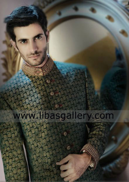 Green jamawar Sherwani by Amir adnan hand work on collar and cuf for groom UK USA Canada Green jamawar Sherwani by Amir adnan hand work on collar and cuf for groom UK USA Canada