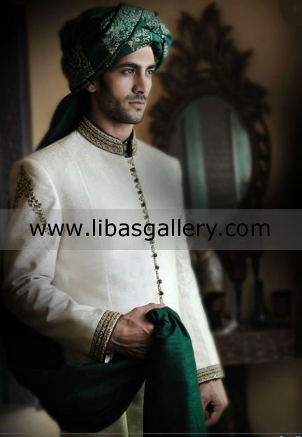 Off white groom wedding sherwani antique work collar cuff